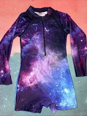 Kids Galaxy Long-Sleeve Rash Guard Swimsuit - Purple/Pink/Blue
